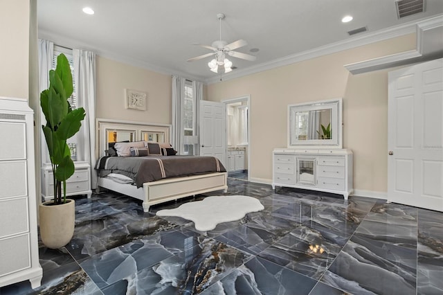 1665 Blue Heron Ln, Lakeland, FL 33813 - bedroom with marble tiled flooring, crown molding, recessed lighting, ensuite bathroom, and baseboards