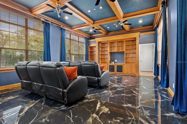 1665 Blue Heron Ln, Lakeland, FL 33813 - cinema with marble tiled floors, baseboards, plenty of natural light, coffered ceiling, and beamed ceiling
