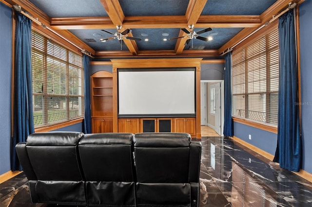 1665 Blue Heron Ln, Lakeland, FL 33813 - home theater with marble tiled flooring, baseboards, ceiling fan, coffered ceiling, and beamed ceiling