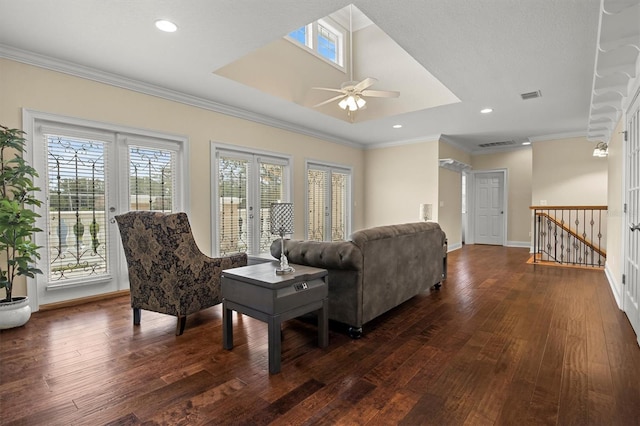 1665 Blue Heron Ln, Lakeland, FL 33813 - living area featuring a ceiling fan, plenty of natural light, dark wood-type flooring, ornamental molding, and recessed lighting