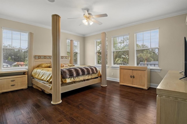 1665 Blue Heron Ln, Lakeland, FL 33813 - bedroom featuring dark wood-style floors, ornamental molding, baseboards, and a ceiling fan