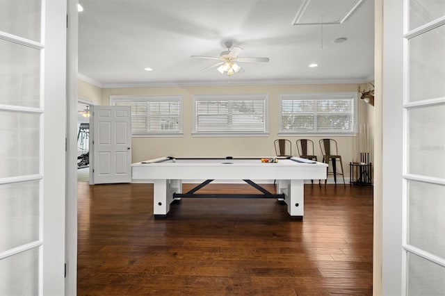 1665 Blue Heron Ln, Lakeland, FL 33813 - rec room featuring attic access, ornamental molding, dark wood finished floors, ceiling fan, and recessed lighting