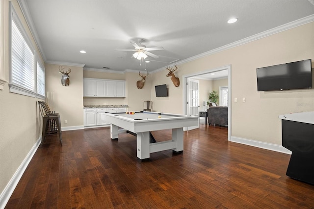 1665 Blue Heron Ln, Lakeland, FL 33813 - recreation room featuring ceiling fan, dark wood-style flooring, baseboards, billiards table, and crown molding