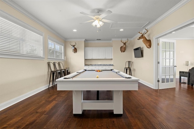 1665 Blue Heron Ln, Lakeland, FL 33813 - playroom with attic access, ceiling fan, billiards table, recessed lighting, and crown molding