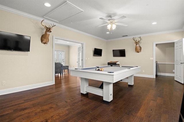 1665 Blue Heron Ln, Lakeland, FL 33813 - rec room with attic access, ornamental molding, recessed lighting, baseboards, and dark wood-style flooring
