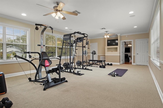 1665 Blue Heron Ln, Lakeland, FL 33813 - exercise area with a ceiling fan, baseboards, ornamental molding, carpet flooring, and recessed lighting