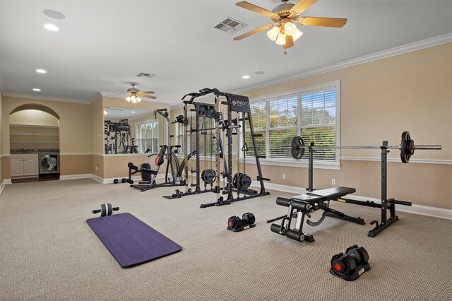 1665 Blue Heron Ln, Lakeland, FL 33813 - workout area with ceiling fan, ornamental molding, baseboards, plenty of natural light, and recessed lighting