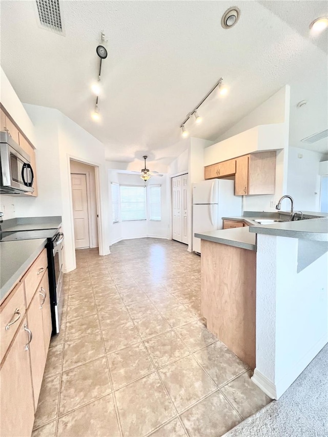 kitchen with vaulted ceiling, sink, ceiling fan, kitchen peninsula, and stainless steel appliances