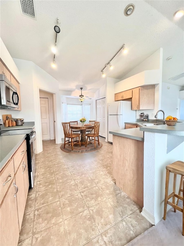 kitchen featuring lofted ceiling, appliances with stainless steel finishes, light brown cabinetry, and kitchen peninsula