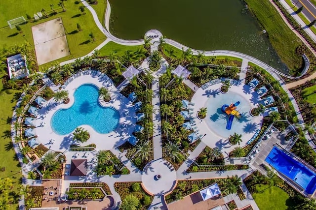 birds eye view of property featuring a water view