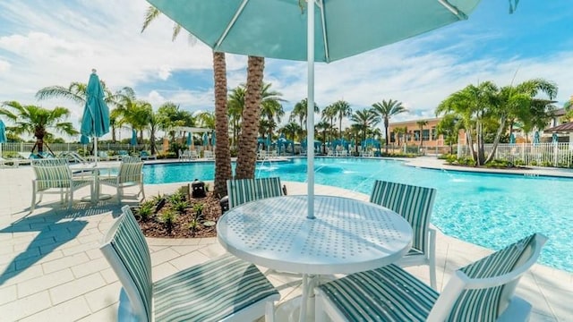 view of swimming pool featuring pool water feature and a patio area