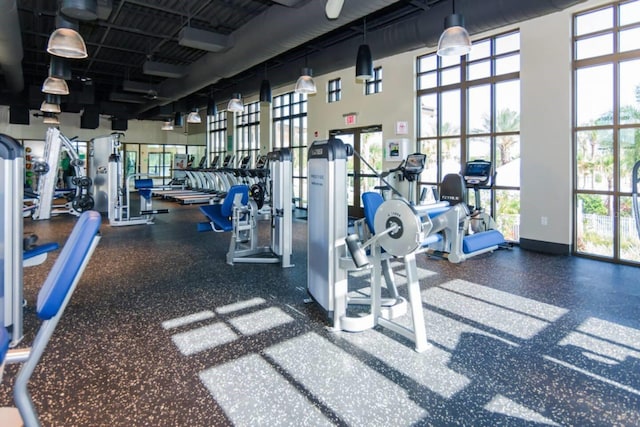 gym featuring a towering ceiling