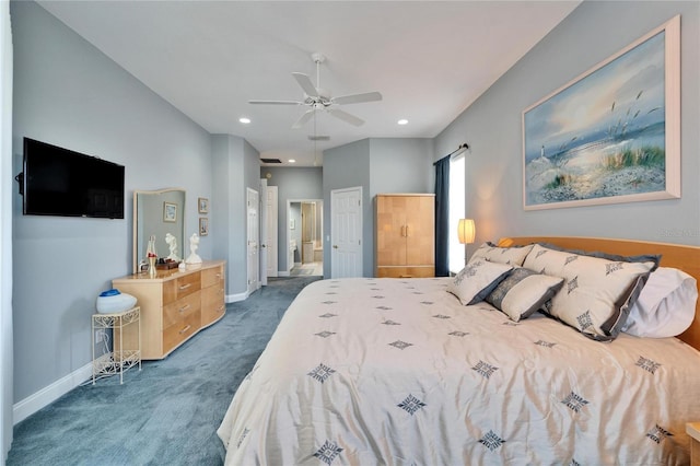 carpeted bedroom with ceiling fan