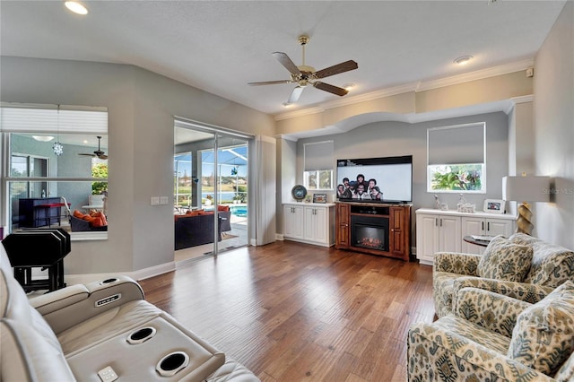 living room featuring ceiling fan and hardwood / wood-style flooring