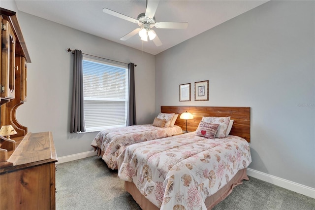 bedroom with ceiling fan and light colored carpet