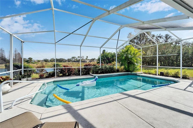 view of swimming pool with a lanai, a water view, and a patio