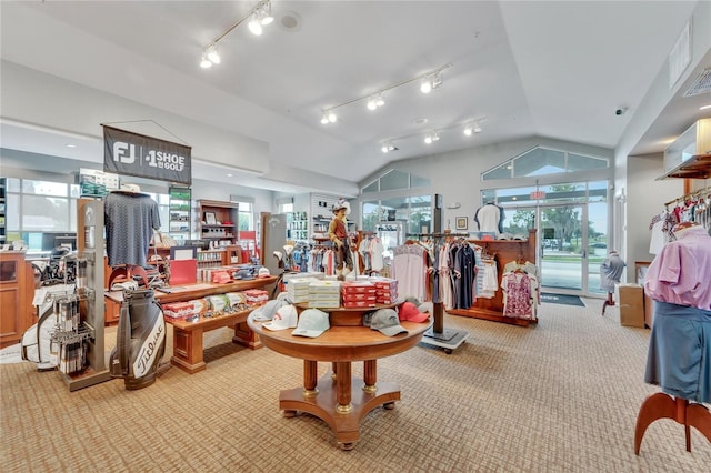 interior space featuring light carpet and vaulted ceiling