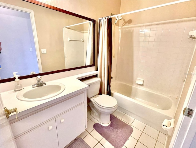 full bathroom with toilet, shower / bath combination with curtain, tile patterned floors, and vanity