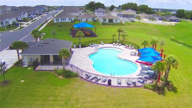 view of pool featuring a lawn, a gazebo, and a patio