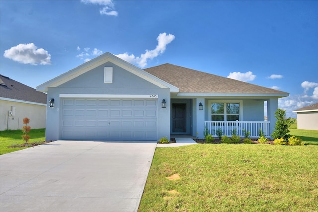 ranch-style home featuring a front lawn, a porch, and a garage