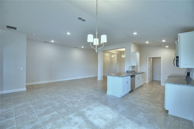 kitchen with pendant lighting, white cabinets, a notable chandelier, and appliances with stainless steel finishes