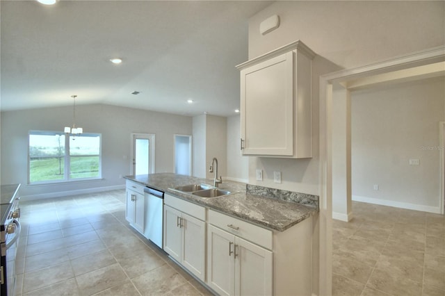 kitchen with lofted ceiling, white cabinets, dishwasher, and sink