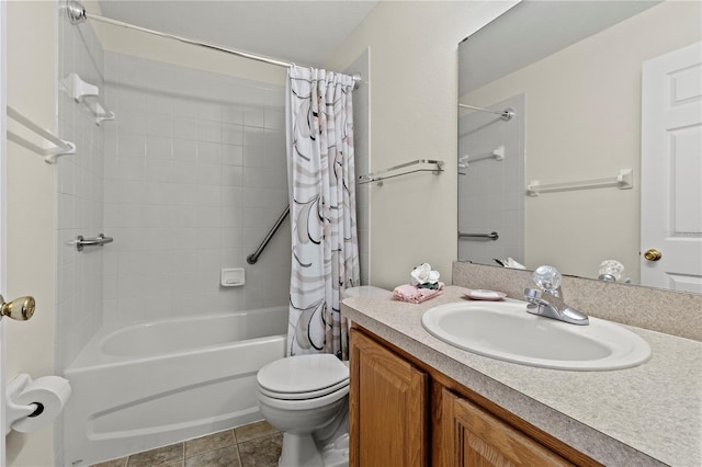 full bathroom with vanity, tile patterned flooring, shower / bath combination with curtain, and toilet