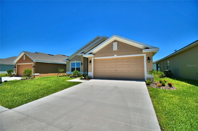 view of front facade featuring central AC, a garage, and a front yard