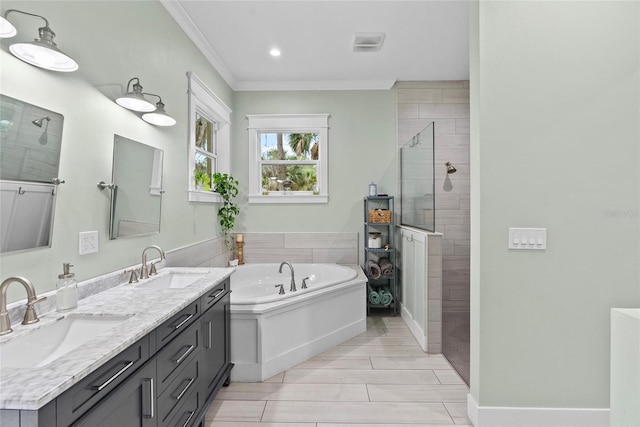 bathroom featuring ornamental molding, shower with separate bathtub, and vanity