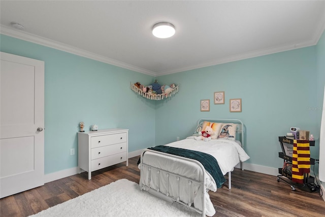 bedroom with dark wood-type flooring and ornamental molding