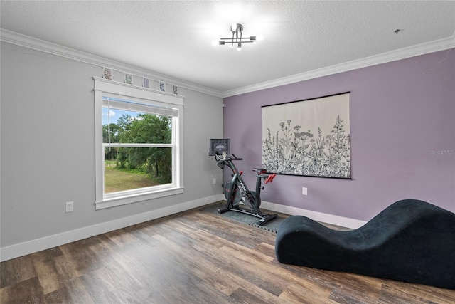 exercise room with a textured ceiling, ornamental molding, and hardwood / wood-style floors