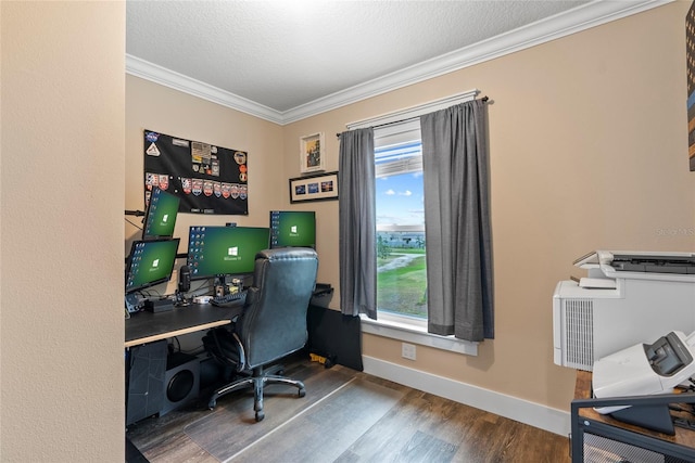 office featuring hardwood / wood-style flooring, a wealth of natural light, crown molding, and a textured ceiling