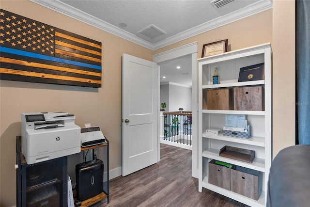 office with a textured ceiling, ornamental molding, and dark hardwood / wood-style flooring