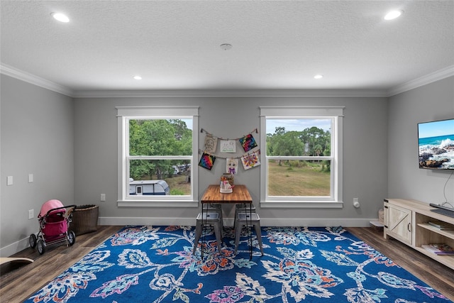 misc room featuring dark hardwood / wood-style floors, crown molding, and a healthy amount of sunlight