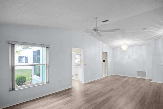 spare room featuring a healthy amount of sunlight, vaulted ceiling, a textured ceiling, and light wood-type flooring