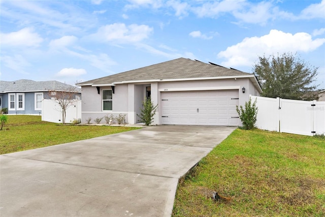 ranch-style house with a garage and a front yard