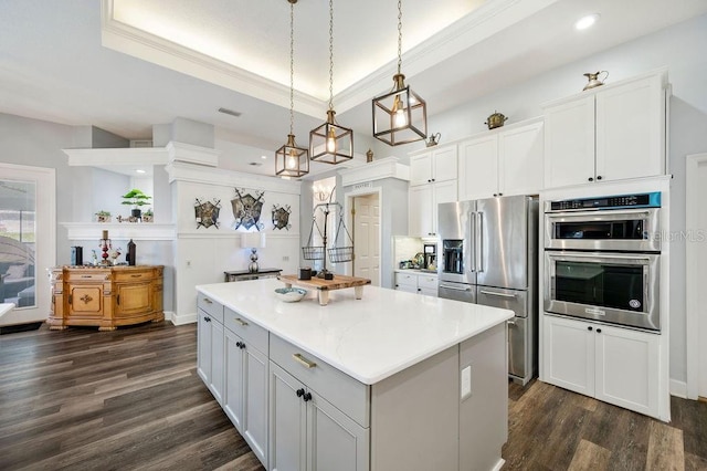 kitchen featuring a center island, appliances with stainless steel finishes, a tray ceiling, pendant lighting, and white cabinets