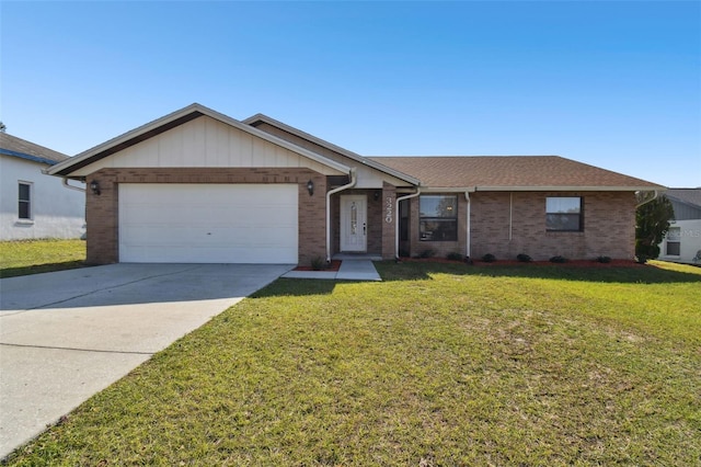 single story home featuring a garage and a front lawn