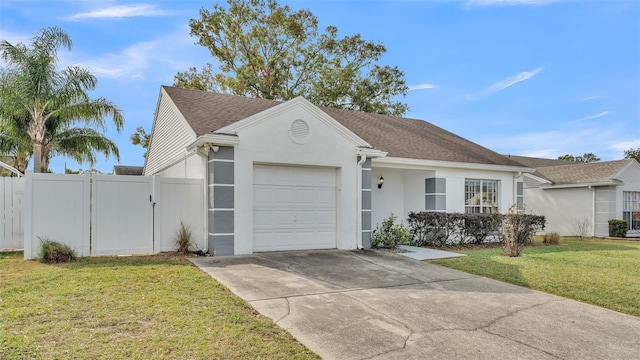 ranch-style home featuring a garage and a front lawn