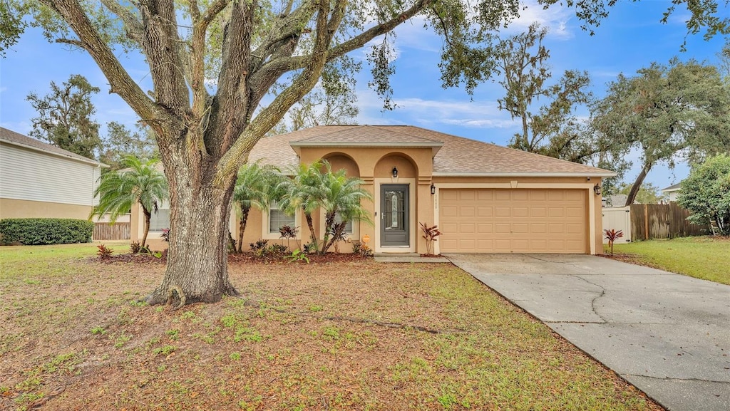 view of front facade with a front yard and a garage