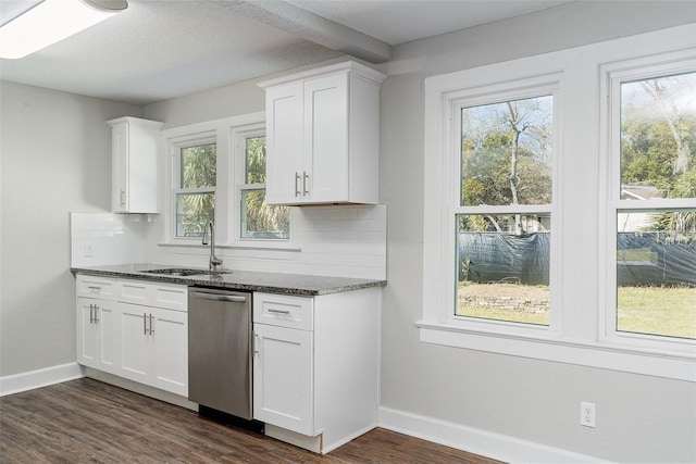 kitchen featuring white cabinetry, dishwasher, sink, and decorative backsplash