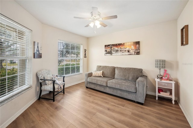 living room featuring ceiling fan and hardwood / wood-style floors