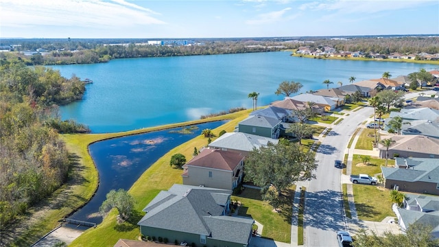 bird's eye view featuring a water view and a residential view