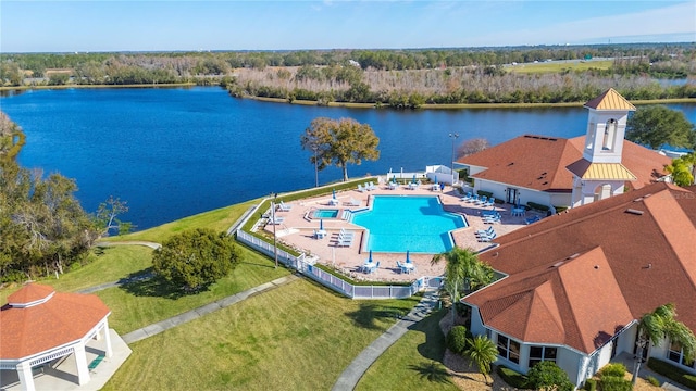 bird's eye view with a water view