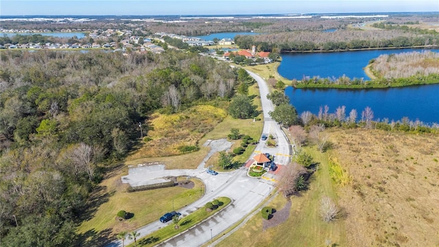 drone / aerial view with a view of trees and a water view
