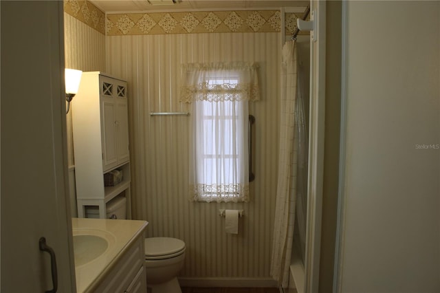 bathroom featuring vanity, curtained shower, and toilet