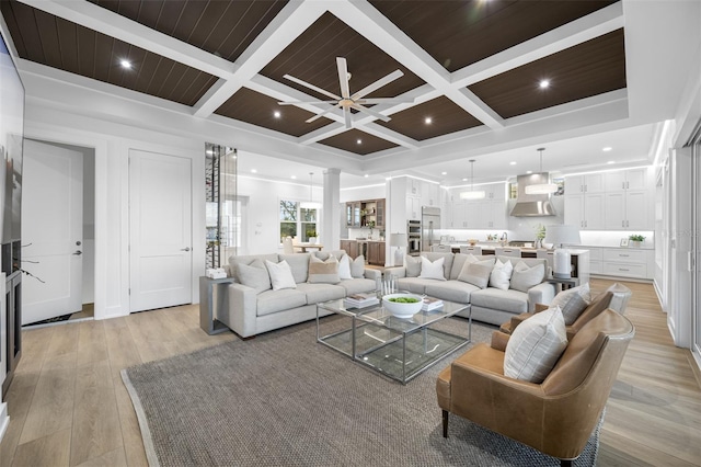 living room with coffered ceiling, light hardwood / wood-style floors, beamed ceiling, and wood ceiling