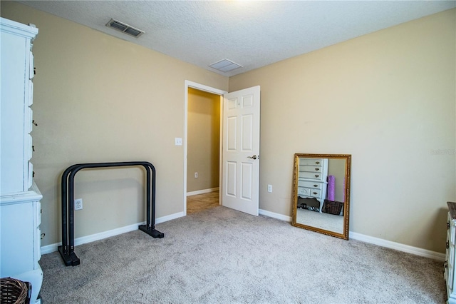 interior space with light carpet and a textured ceiling