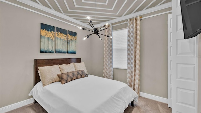 bedroom with multiple windows, crown molding, a chandelier, and carpet