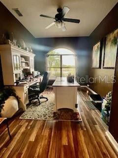 office area with hardwood / wood-style floors and ceiling fan